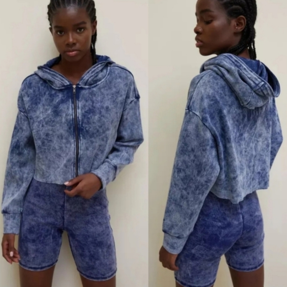 Out From Under Ryan Ribbed Zip Hoodie Sweatshirt Size M Acid Wash Crop Tie Dye